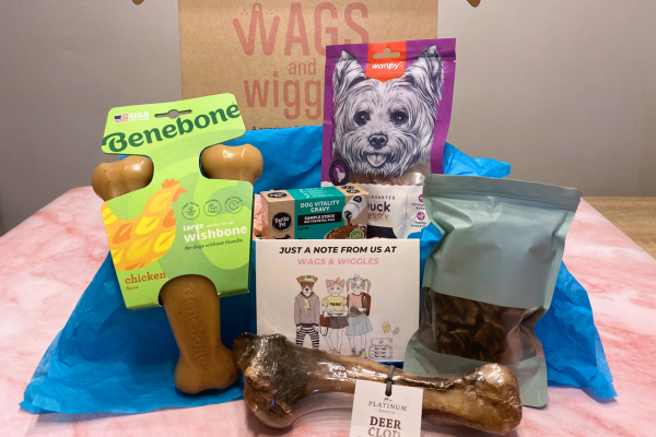 The perfect Toy and treat gift box for your destructive nz dog or puppy with a chicken benebone wishbone hard chew toy and treats