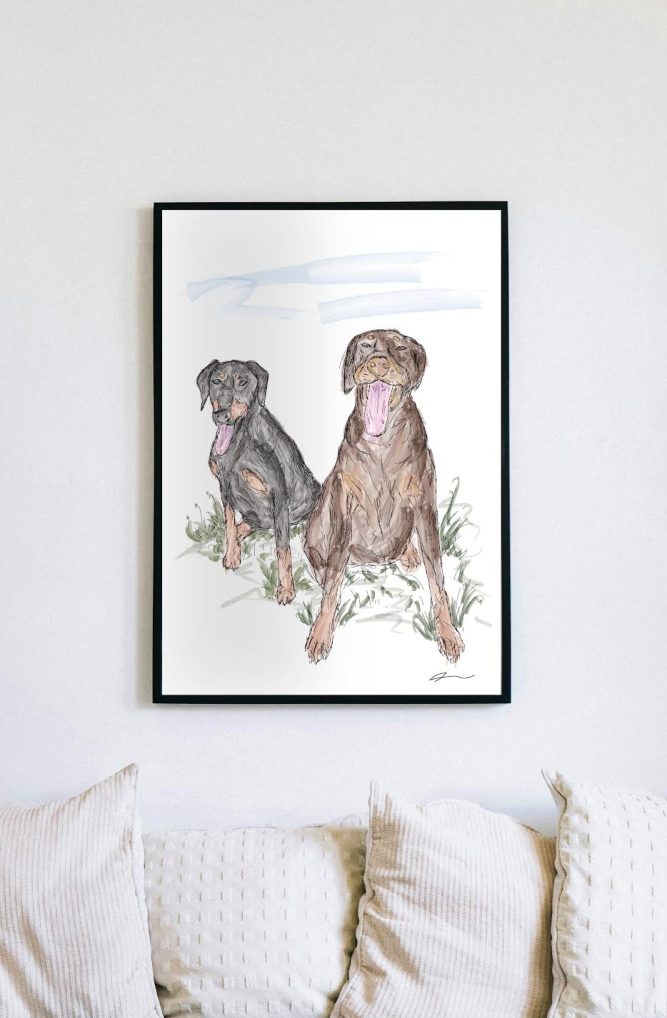 Unique New Zealand hand illustrated pet portraits pawtrait digital framed dogs and cats art gift