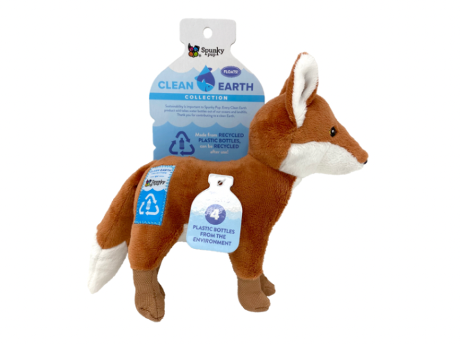 Recyclable dog toy floatable in water float plush nz fox clean earth spunky pup